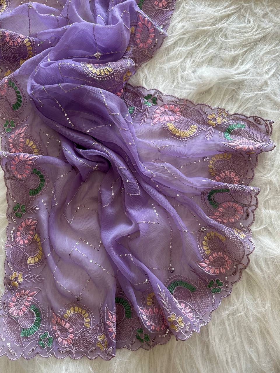 Lavender Soft Pure Chiffon Saree with Sequins Embroidery & Paisley Border Work