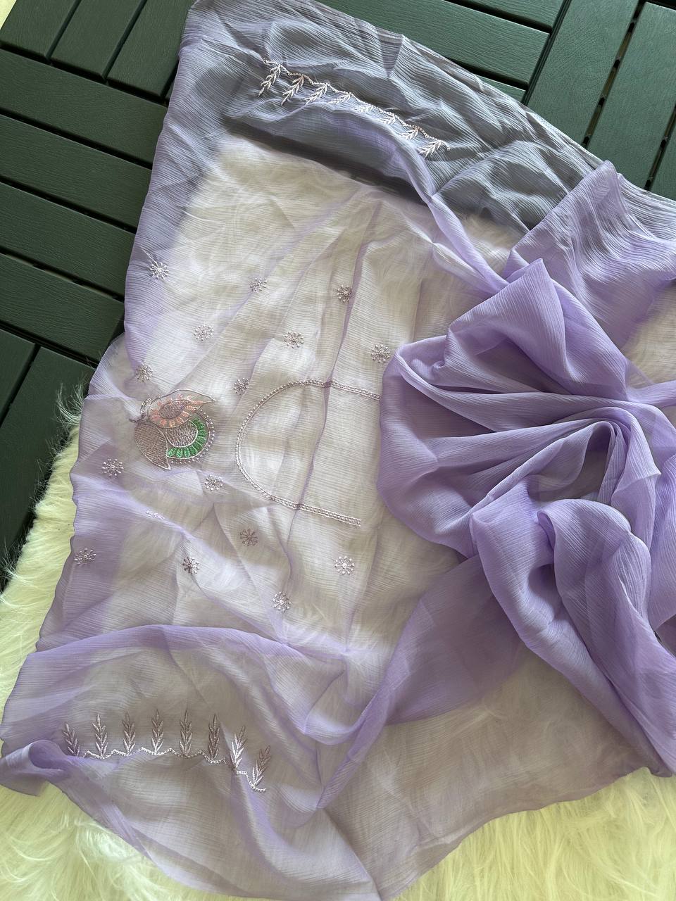 Lavender Soft Pure Chiffon Saree with Sequins Embroidery & Paisley Border Work