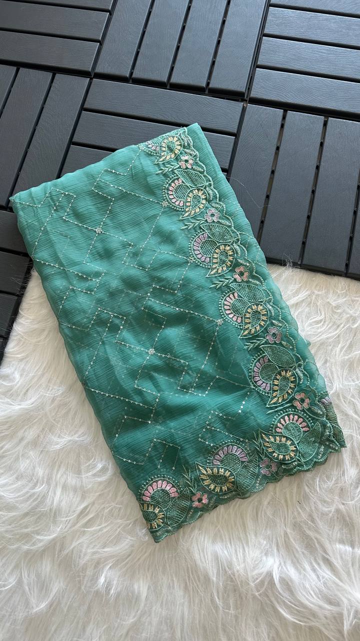Sea Green Soft Pure Chiffon Saree with Sequins Embroidery & Paisley Border Work