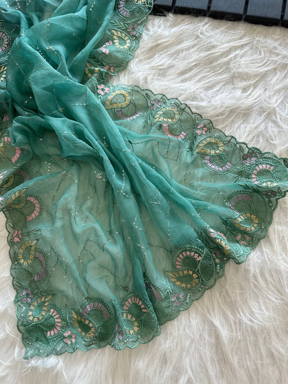 Sea Green Soft Pure Chiffon Saree with Sequins Embroidery & Paisley Border Work