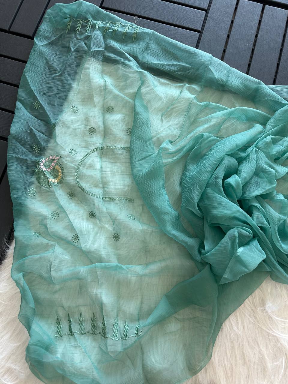 Sea Green Soft Pure Chiffon Saree with Sequins Embroidery & Paisley Border Work