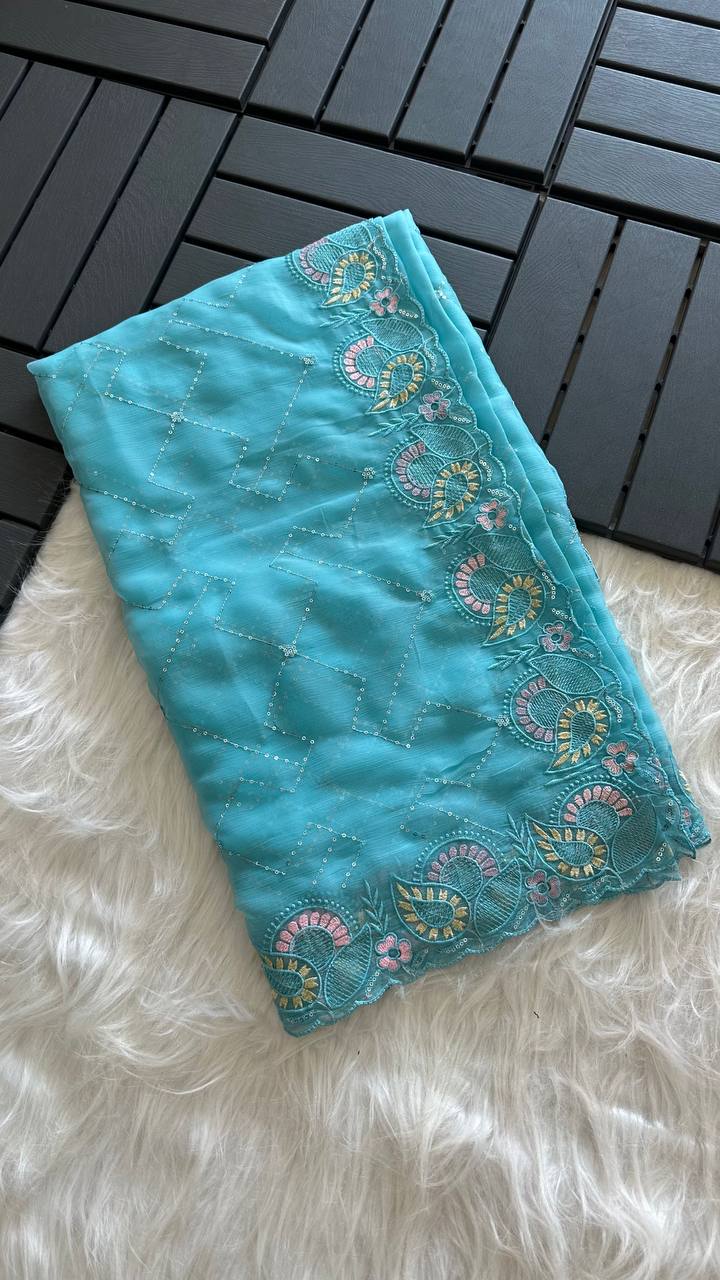 Sky Blue Soft Pure Chiffon Saree with Sequins Embroidery & Paisley Border Work