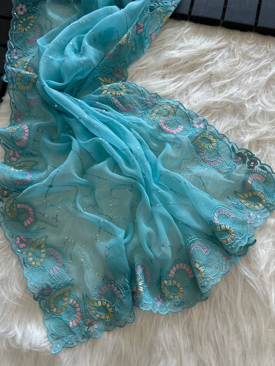 Sky Blue Soft Pure Chiffon Saree with Sequins Embroidery & Paisley Border Work