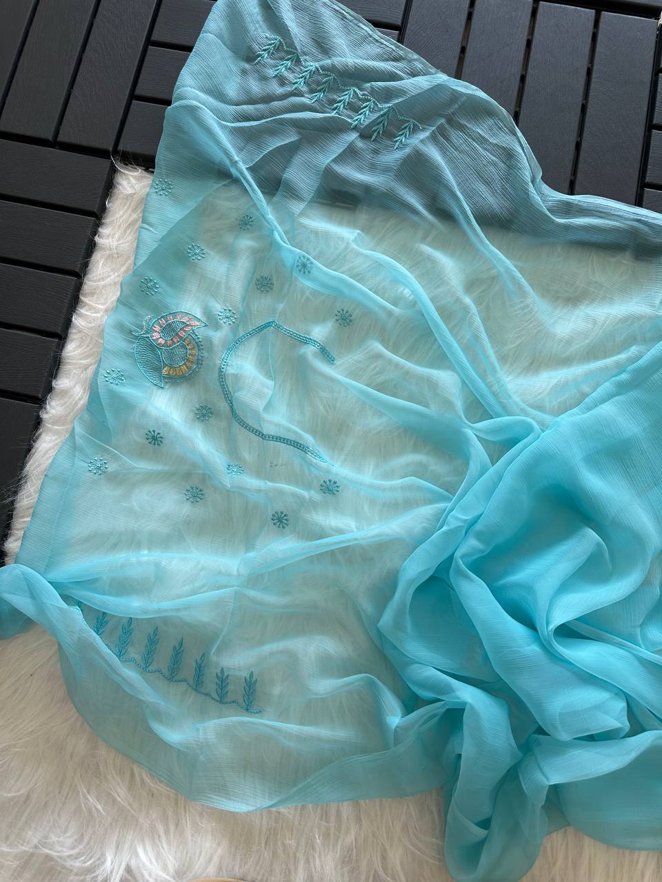 Sky Blue Soft Pure Chiffon Saree with Sequins Embroidery & Paisley Border Work