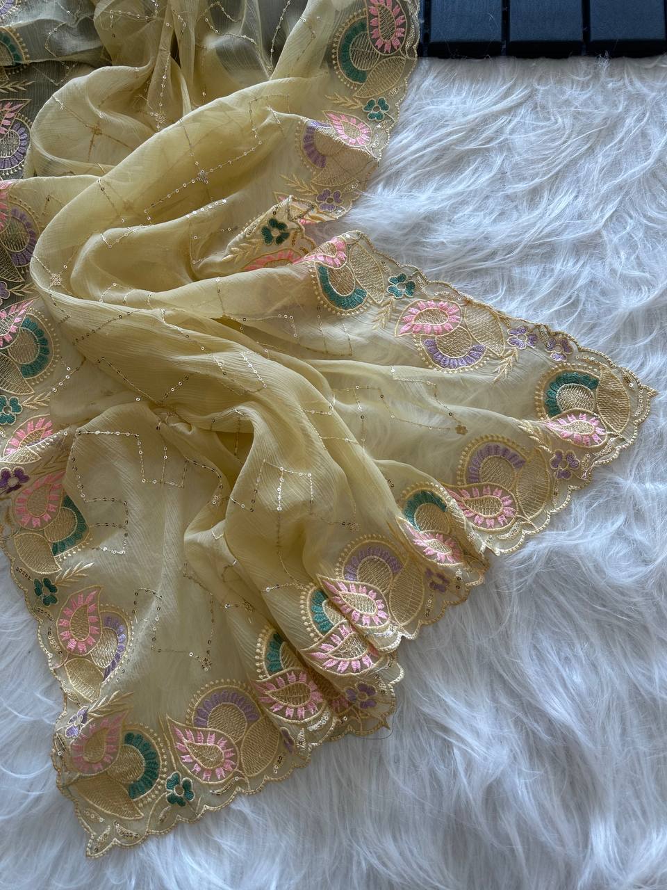 Cream Gold Soft Pure Chiffon Saree with Sequins Embroidery & Paisley Border Work