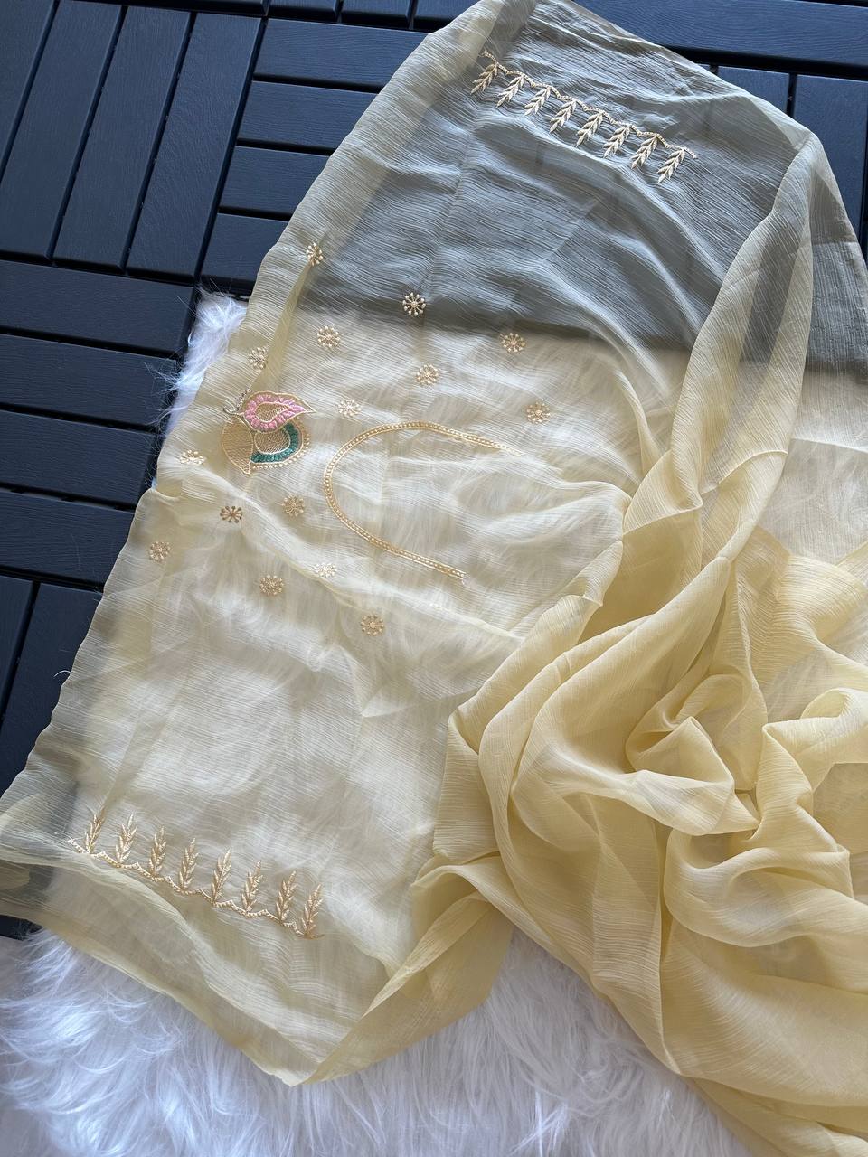 Cream Gold Soft Pure Chiffon Saree with Sequins Embroidery & Paisley Border Work