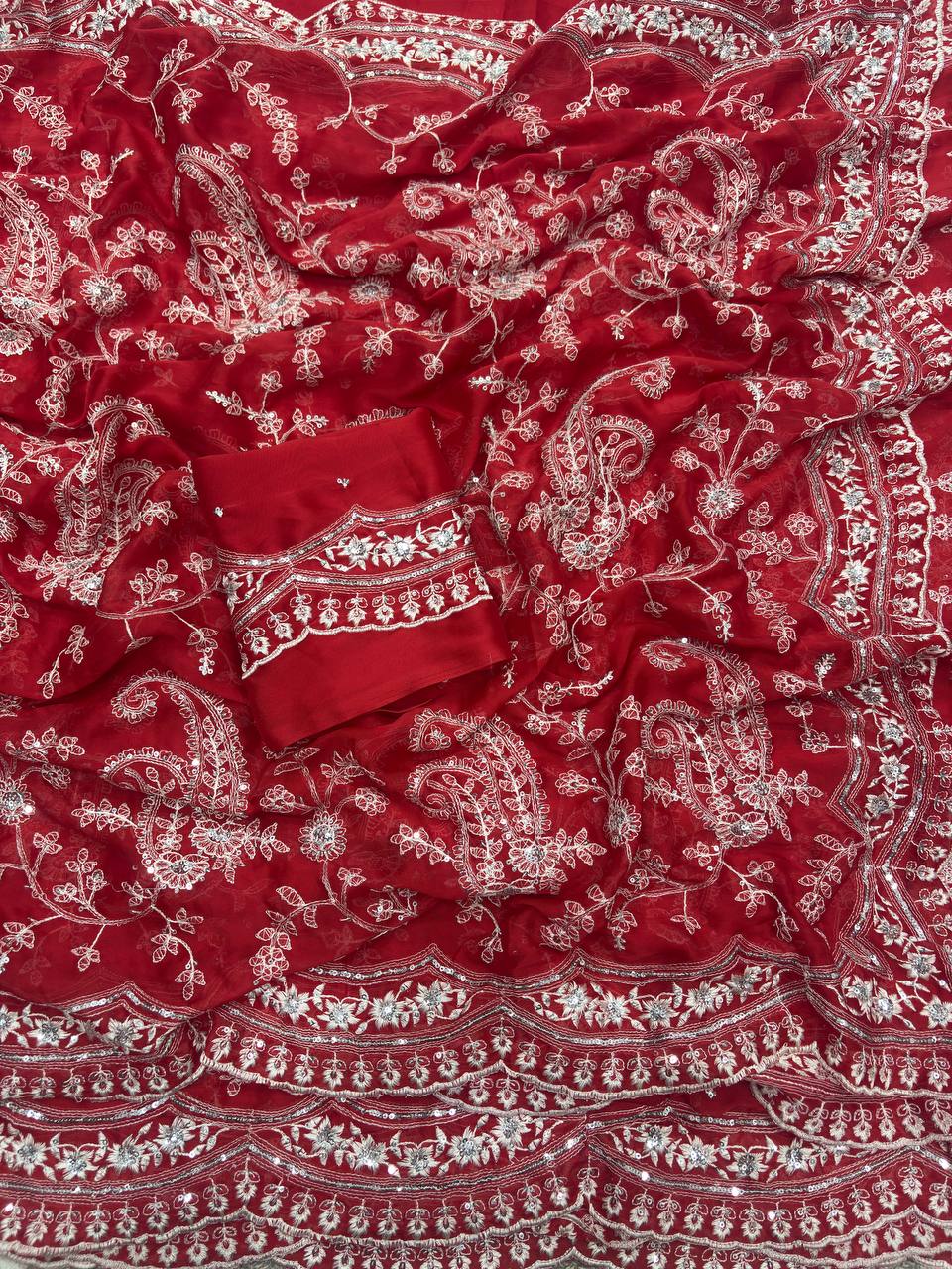 Red Pure Soft Tabby Organza Saree with Sequence Embroidery & Cutwork Border
