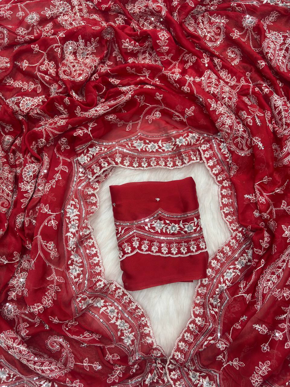 Red Pure Soft Tabby Organza Saree with Sequence Embroidery & Cutwork Border