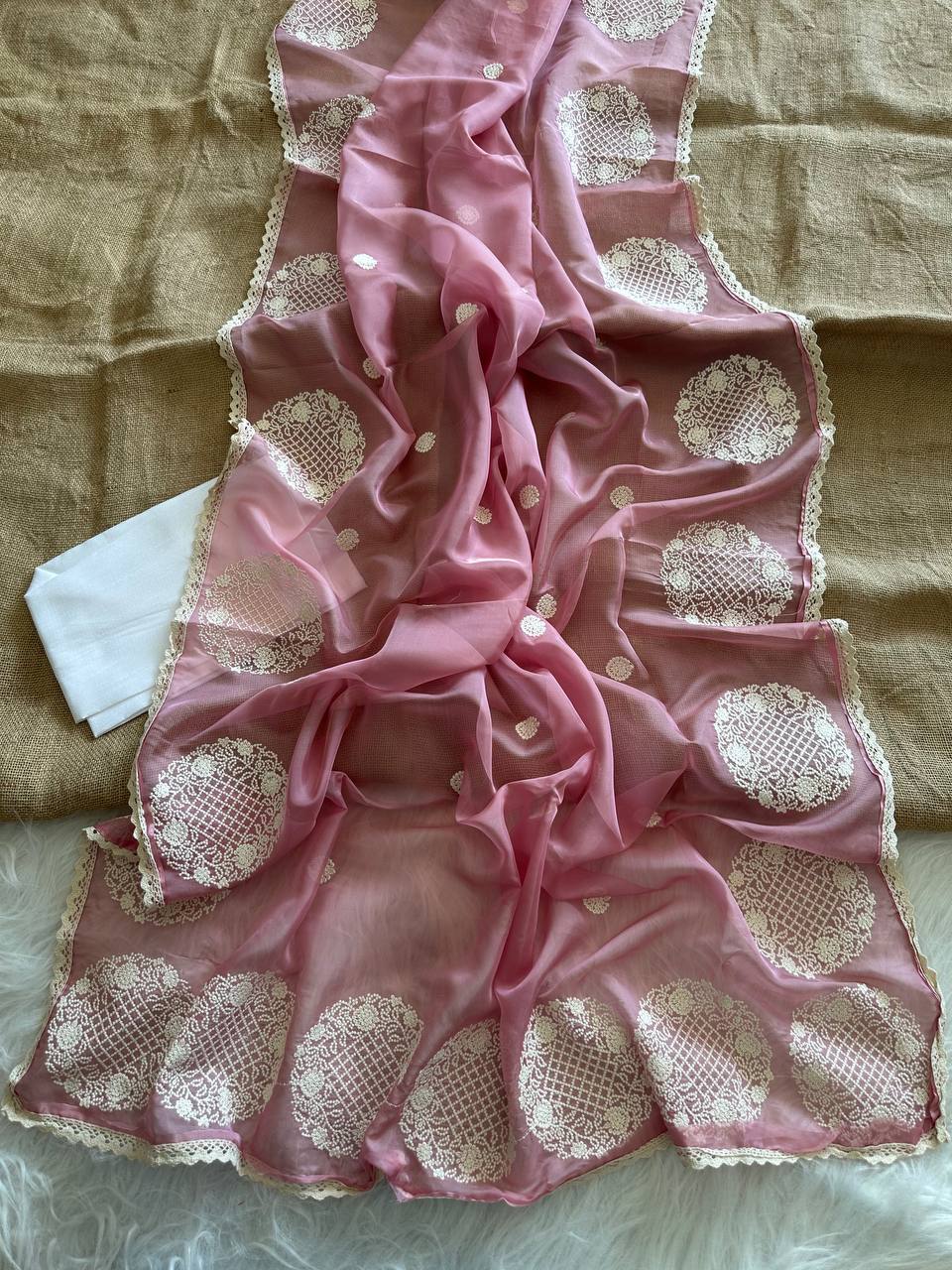 Dusty Pink Chanda Pure Simmer Organza Silk Saree with Lucknowi Thread Embroidery Butta & Chikankari Border