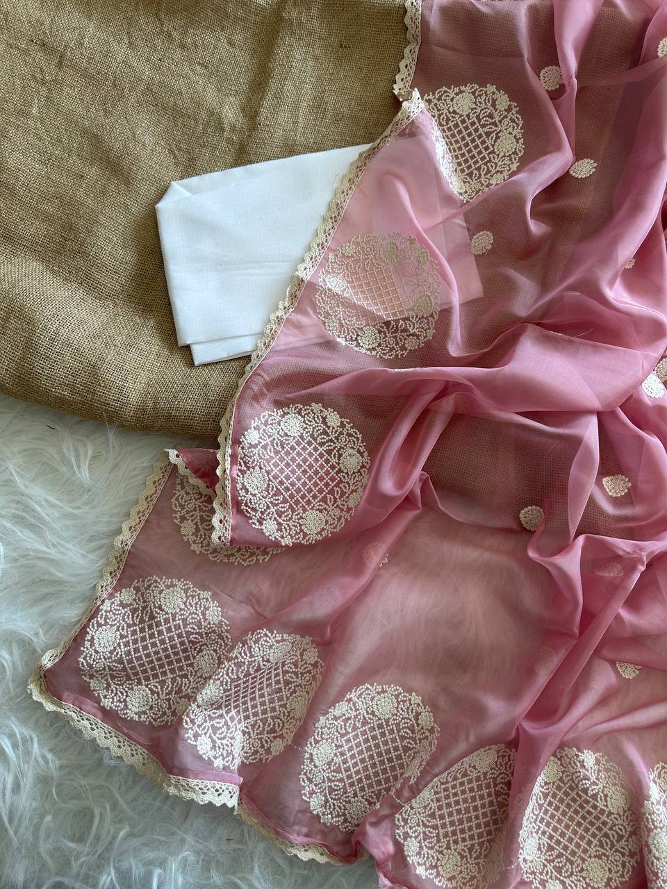 Dusty Pink Chanda Pure Simmer Organza Silk Saree with Lucknowi Thread Embroidery Butta & Chikankari Border