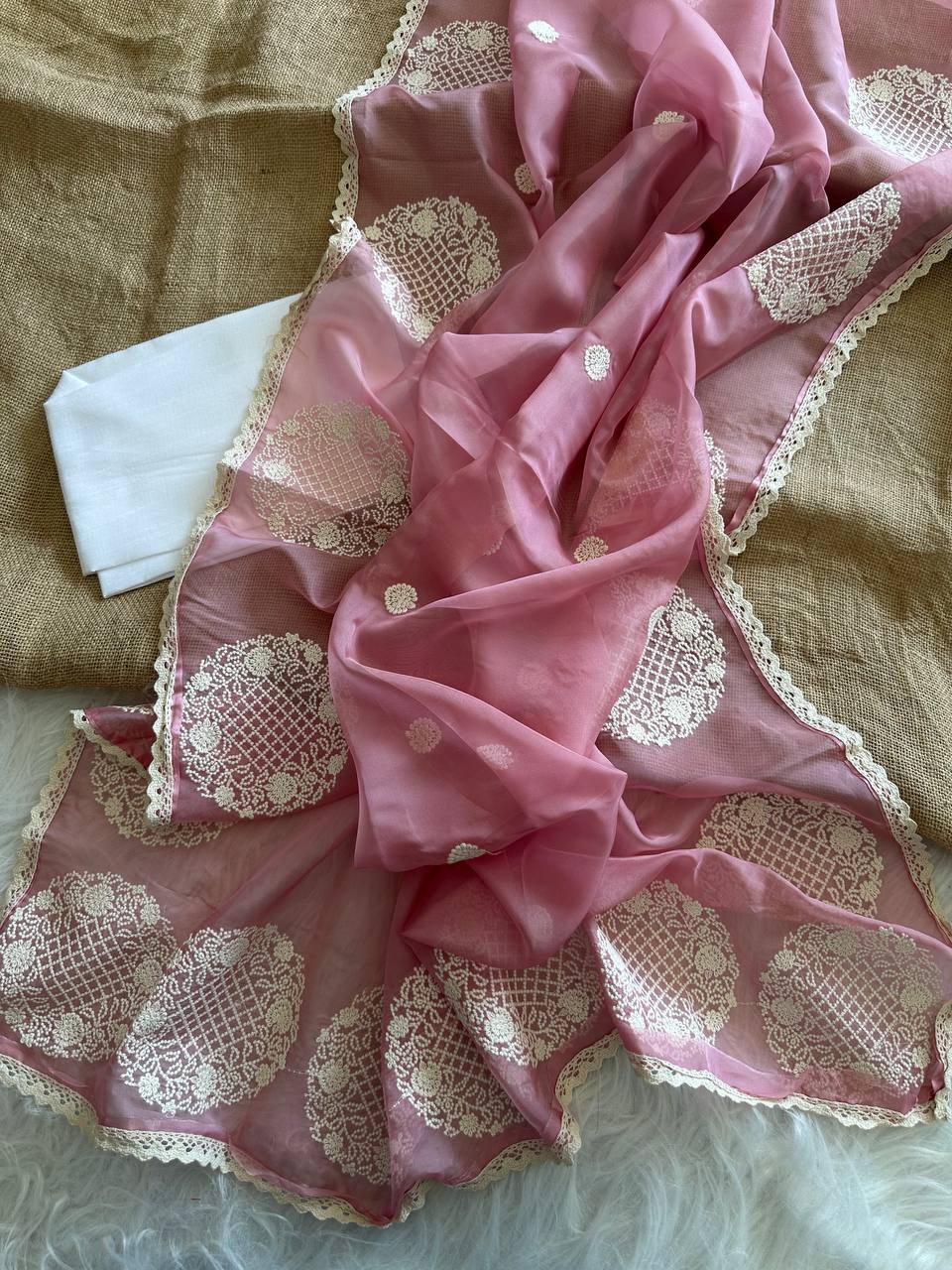 Dusty Pink Chanda Pure Simmer Organza Silk Saree with Lucknowi Thread Embroidery Butta & Chikankari Border