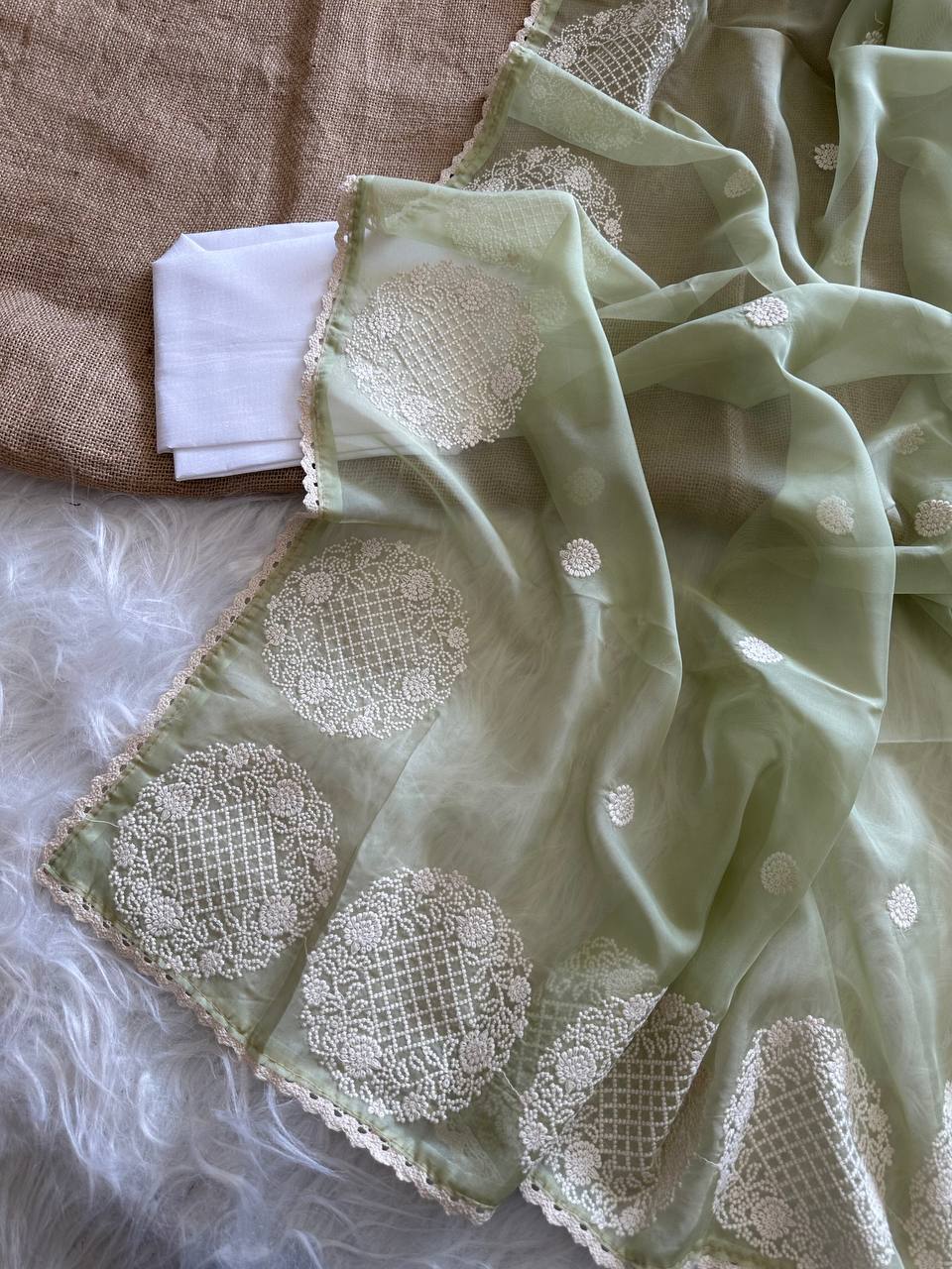 Pista Green Chanda Pure Simmer Organza Silk Saree with Lucknowi Thread Embroidery Butta & Chikankari Border