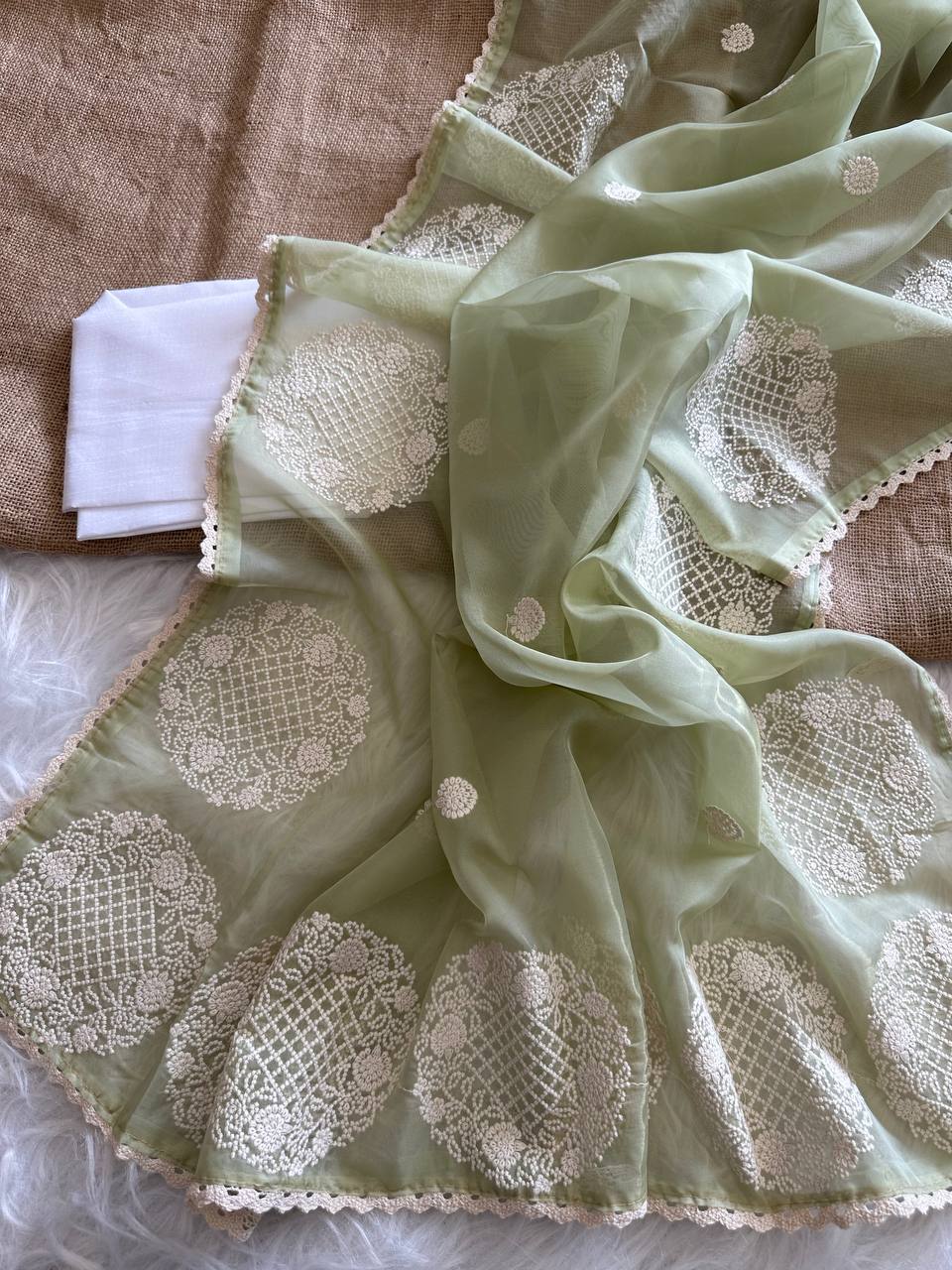 Pista Green Chanda Pure Simmer Organza Silk Saree with Lucknowi Thread Embroidery Butta & Chikankari Border