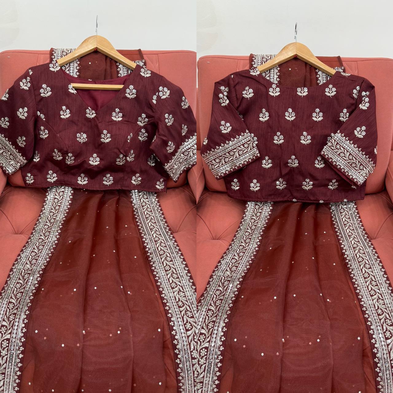 Brown Organza Silk Saree Sequence and Diamond Work With Blouse Piece