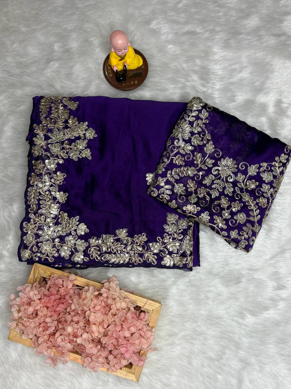 Purple Rangoli Silk Saree - 3mm Coding C-Pallu Embroidery with Cutwork Border