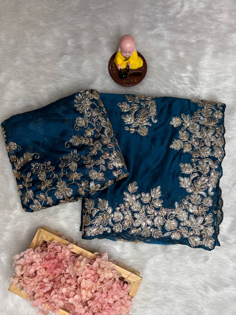Teal Blue Rangoli Silk Saree - 3mm Coding C-Pallu Embroidery with Cutwork Border