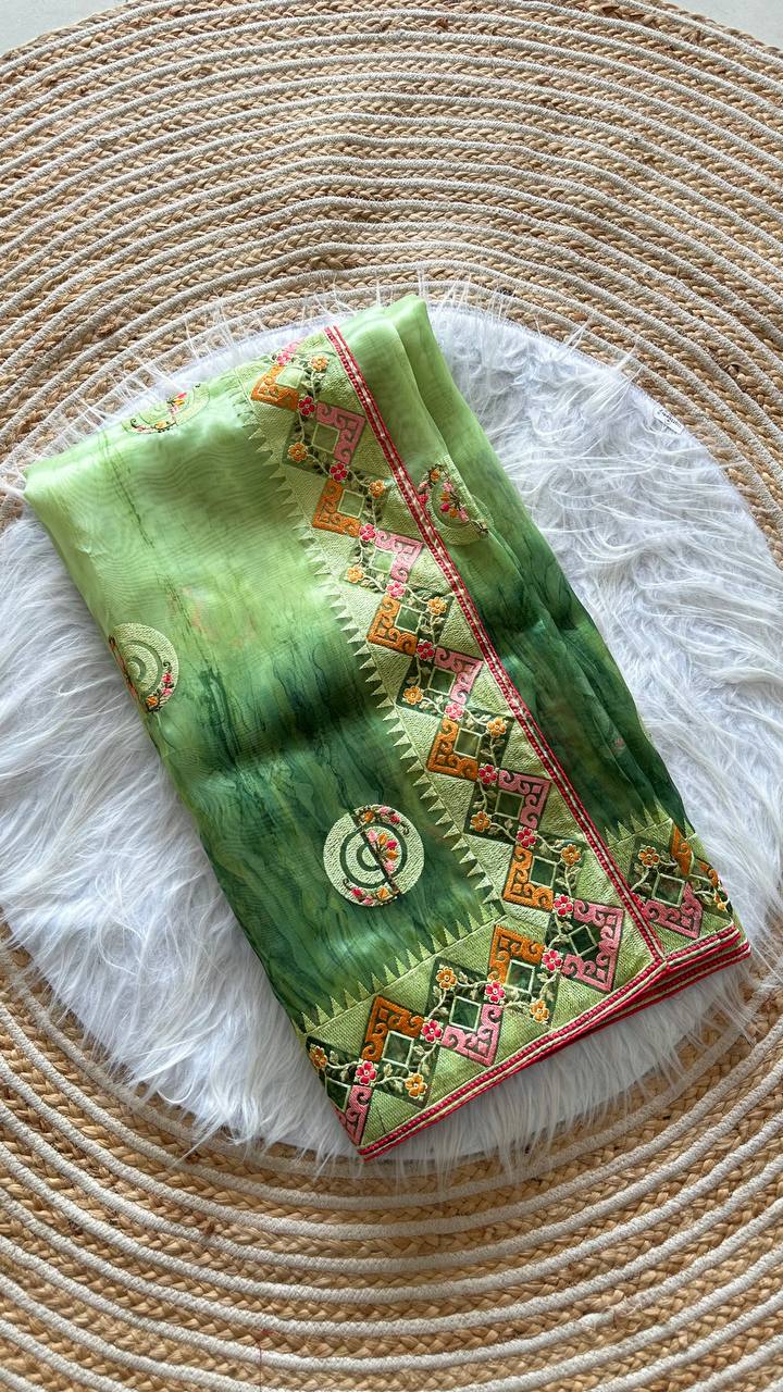 Green Tie-Dye Organza Silk Saree with Structure Print & Embroidery Thread Work Aztec Border