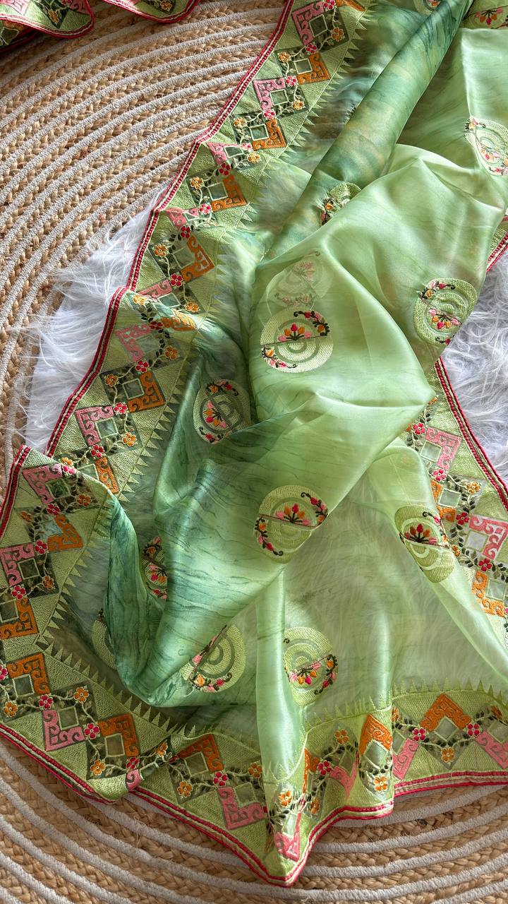 Green Tie-Dye Organza Silk Saree with Structure Print & Embroidery Thread Work Aztec Border