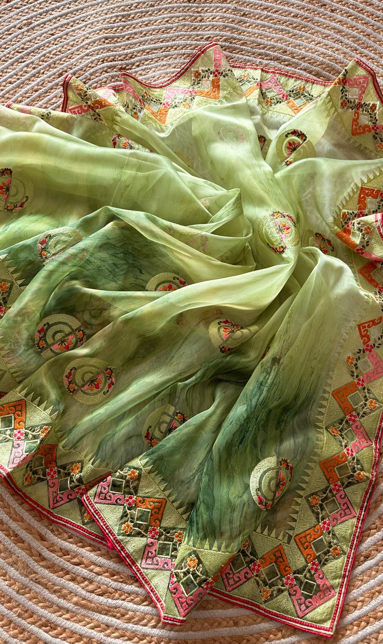 Green Tie-Dye Organza Silk Saree with Structure Print & Embroidery Thread Work Aztec Border