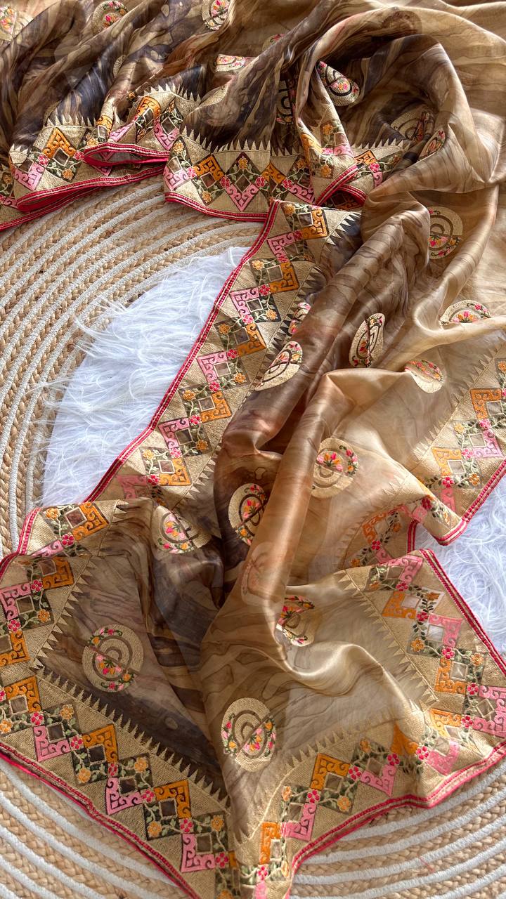 Brown Tie-Dye Organza Silk Saree with Structure Print & Embroidery Thread Work Aztec Border
