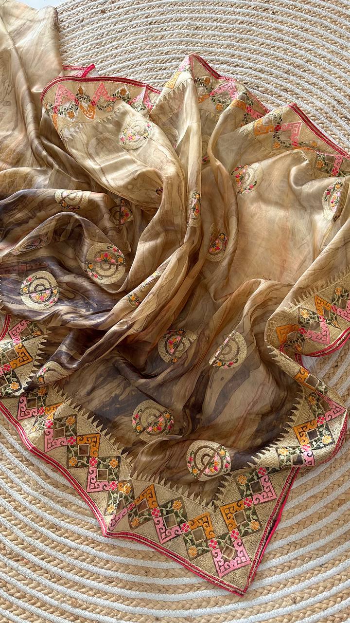 Brown Tie-Dye Organza Silk Saree with Structure Print & Embroidery Thread Work Aztec Border