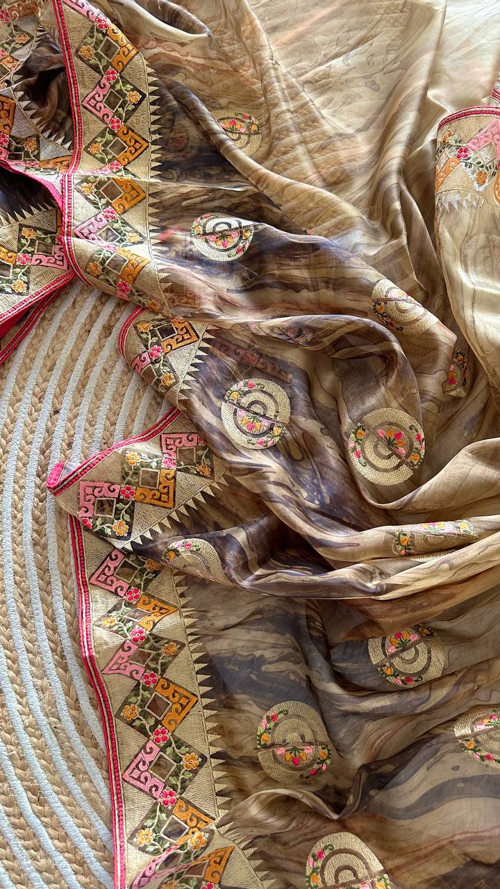 Brown Tie-Dye Organza Silk Saree with Structure Print & Embroidery Thread Work Aztec Border