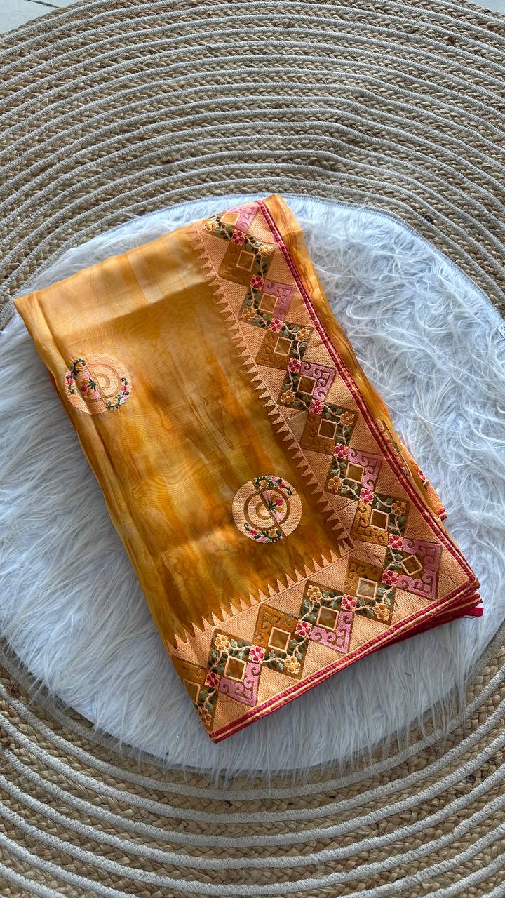Mustard Tie-Dye Organza Silk Saree with Structure Print & Embroidery Thread Work Aztec Border