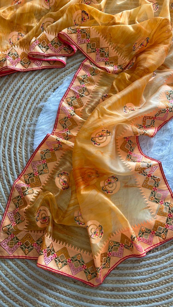 Mustard Tie-Dye Organza Silk Saree with Structure Print & Embroidery Thread Work Aztec Border