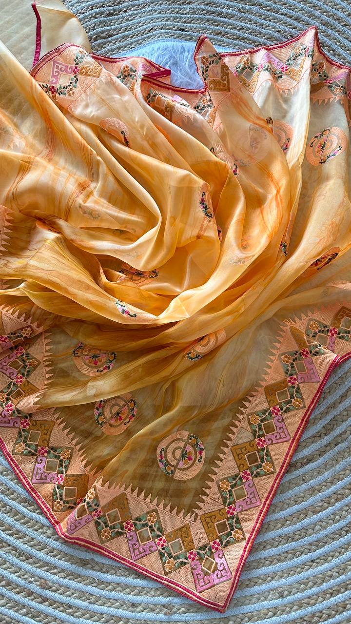 Mustard Tie-Dye Organza Silk Saree with Structure Print & Embroidery Thread Work Aztec Border