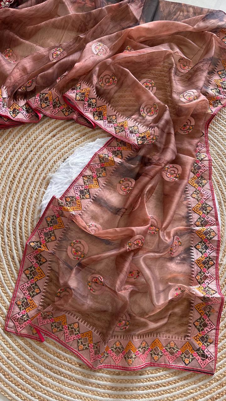 Peach Tie-Dye Organza Silk Saree with Structure Print & Embroidery Thread Work Aztec Border