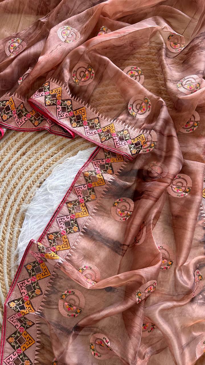 Peach Tie-Dye Organza Silk Saree with Structure Print & Embroidery Thread Work Aztec Border