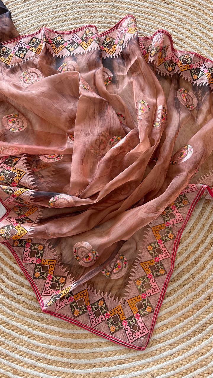 Peach Tie-Dye Organza Silk Saree with Structure Print & Embroidery Thread Work Aztec Border