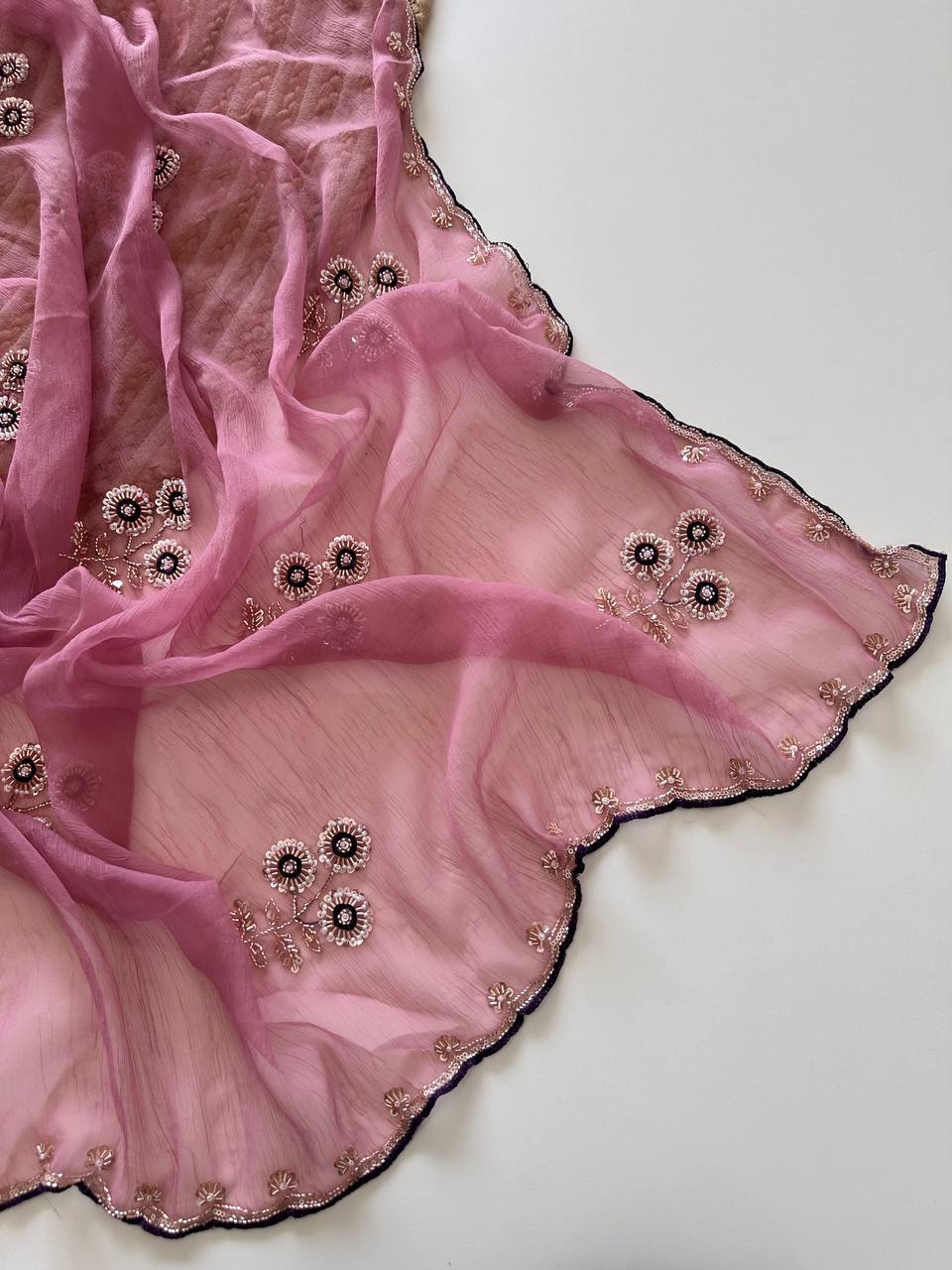 Dusty Pink Pure Soft Wari Chiffon Silk Saree with Sequence Cutdana Embroidery & Multi Border Aarco Work