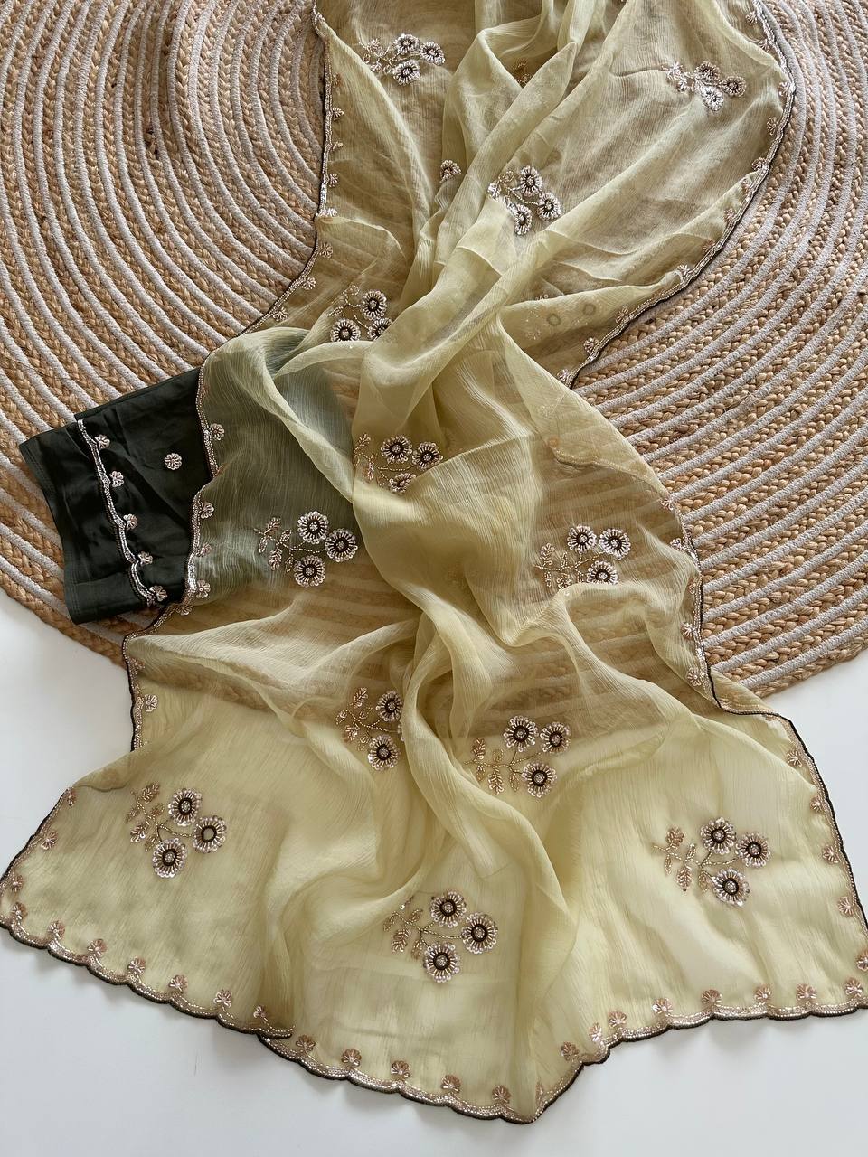 Cream Pure Soft Wari Chiffon Silk Saree with Sequence Cutdana Embroidery & Multi Border Aarco Work