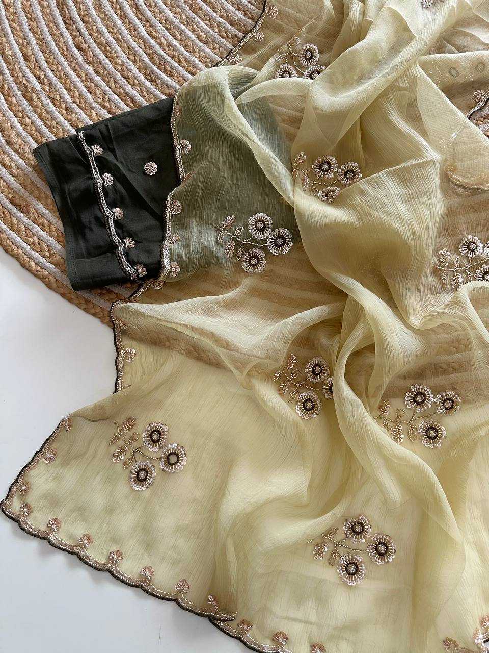 Cream Pure Soft Wari Chiffon Silk Saree with Sequence Cutdana Embroidery & Multi Border Aarco Work