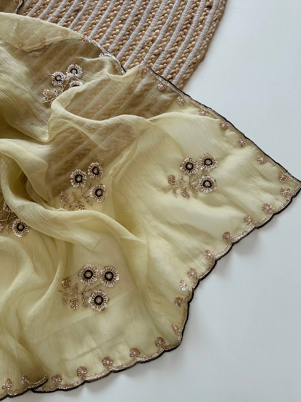 Cream Pure Soft Wari Chiffon Silk Saree with Sequence Cutdana Embroidery & Multi Border Aarco Work