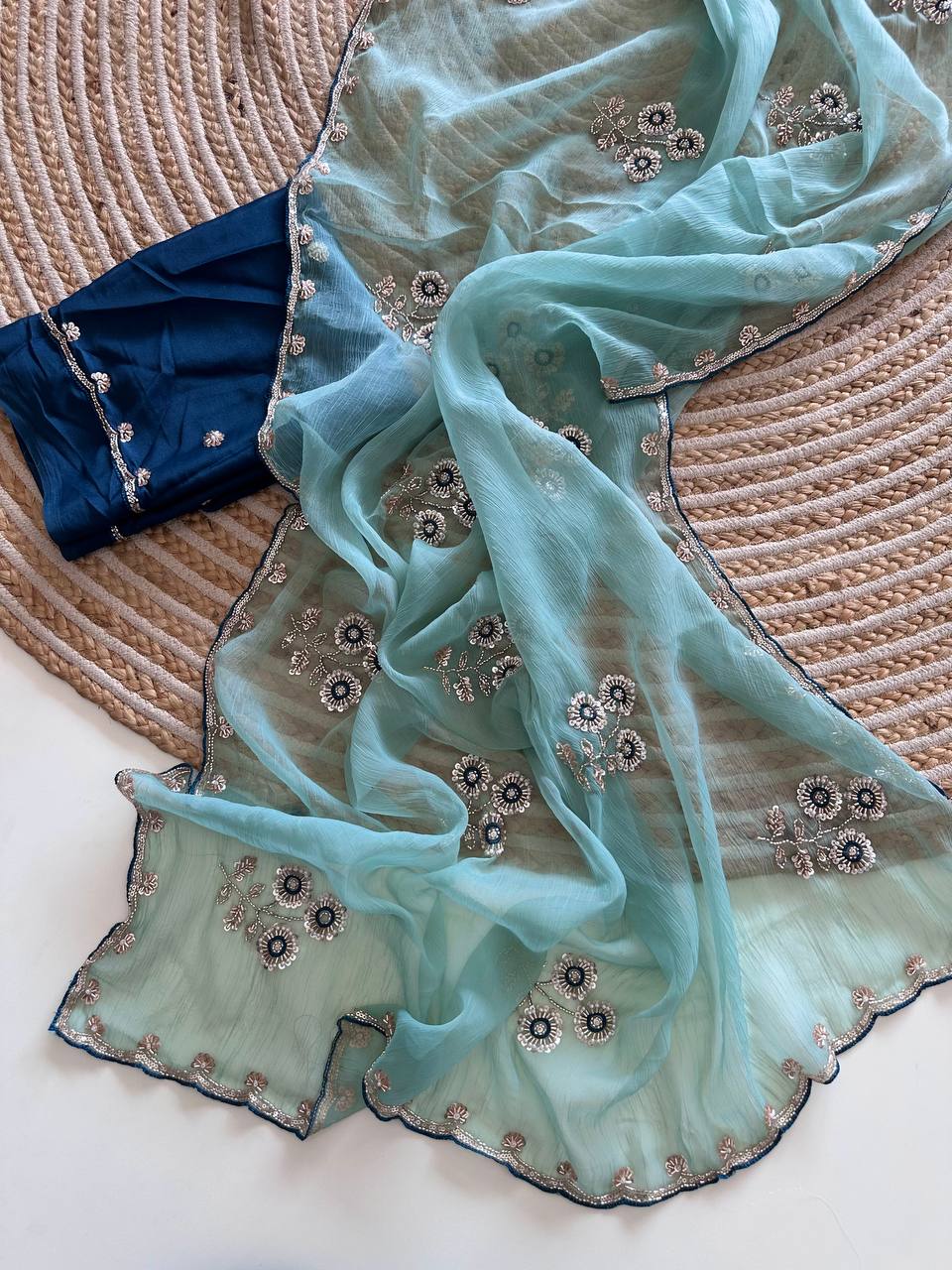 Sky Blue Pure Soft Wari Chiffon Silk Saree with Sequence Cutdana Embroidery & Multi Border Aarco Work