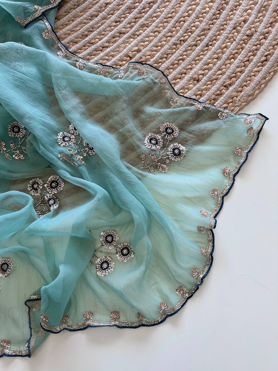 Sky Blue Pure Soft Wari Chiffon Silk Saree with Sequence Cutdana Embroidery & Multi Border Aarco Work