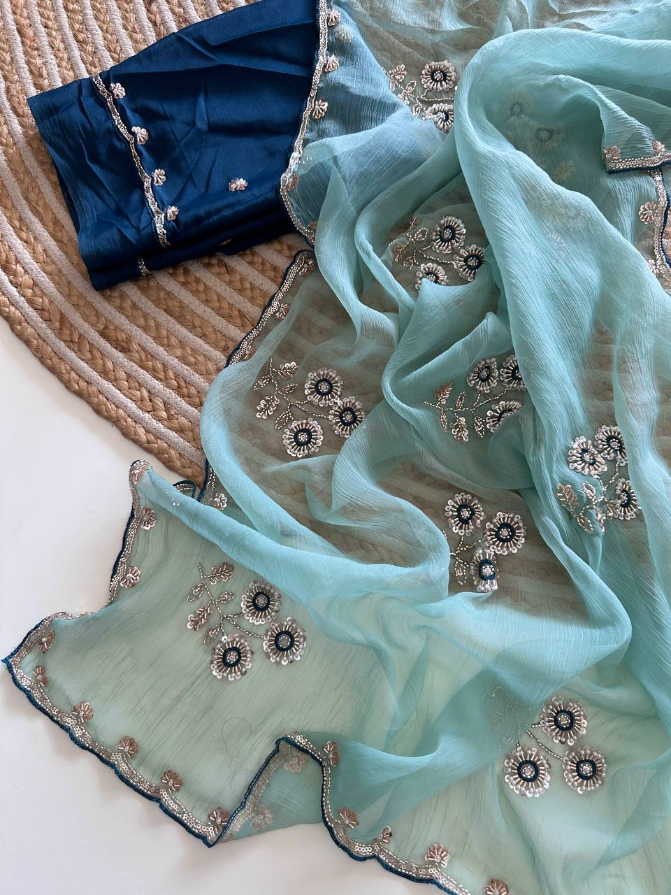 Sky Blue Pure Soft Wari Chiffon Silk Saree with Sequence Cutdana Embroidery & Multi Border Aarco Work