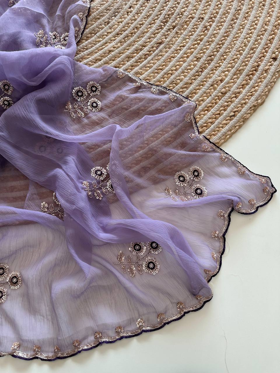 Lavender Pure Soft Wari Chiffon Silk Saree with Sequence Cutdana Embroidery & Multi Border Aarco Work