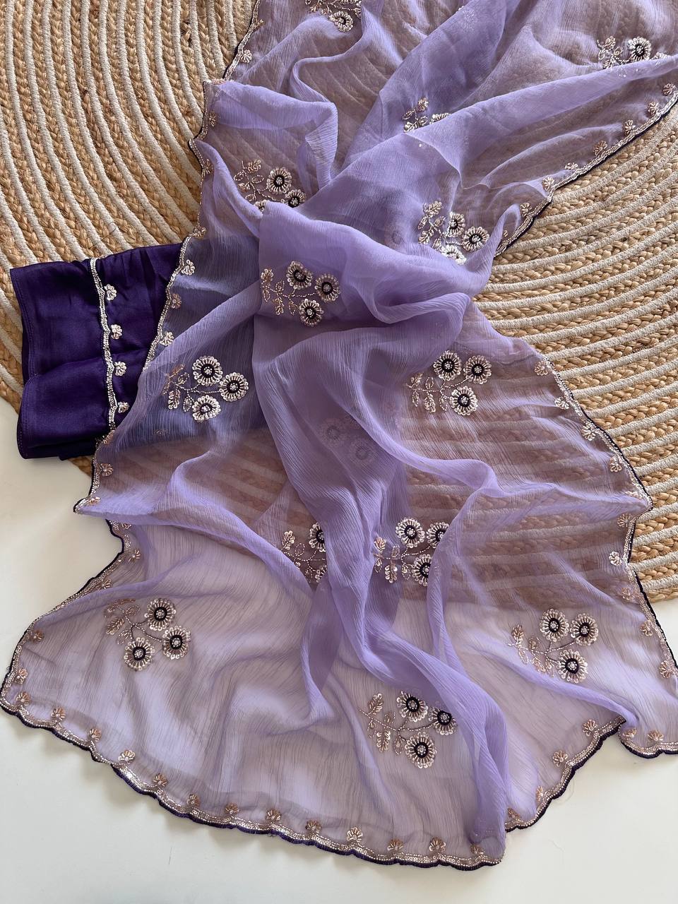 Lavender Pure Soft Wari Chiffon Silk Saree with Sequence Cutdana Embroidery & Multi Border Aarco Work