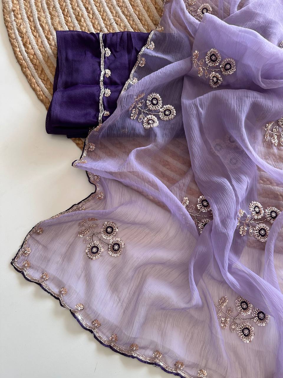 Lavender Pure Soft Wari Chiffon Silk Saree with Sequence Cutdana Embroidery & Multi Border Aarco Work