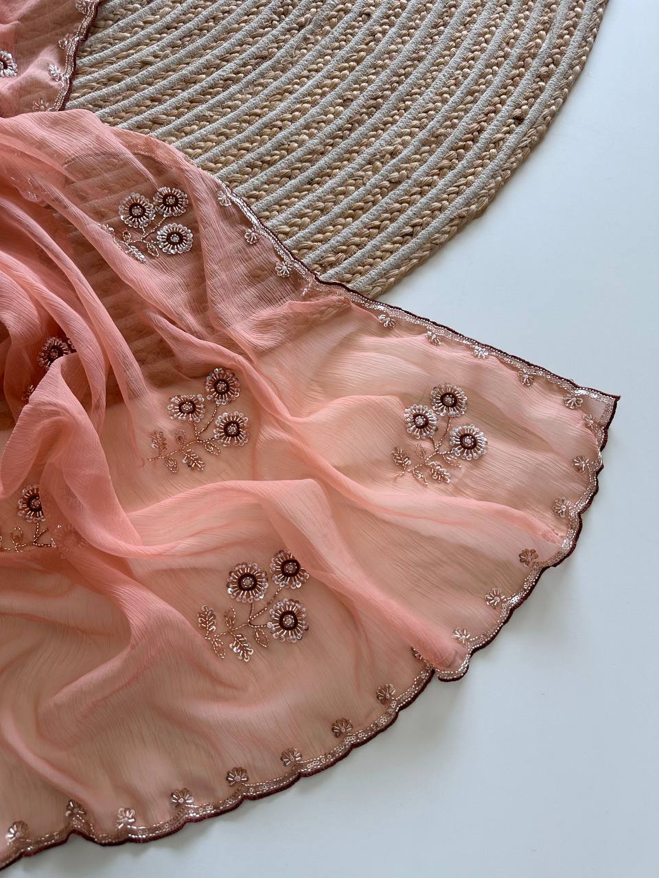 Peach Pure Soft Wari Chiffon Silk Saree with Sequence Cutdana Embroidery & Multi Border Aarco Work
