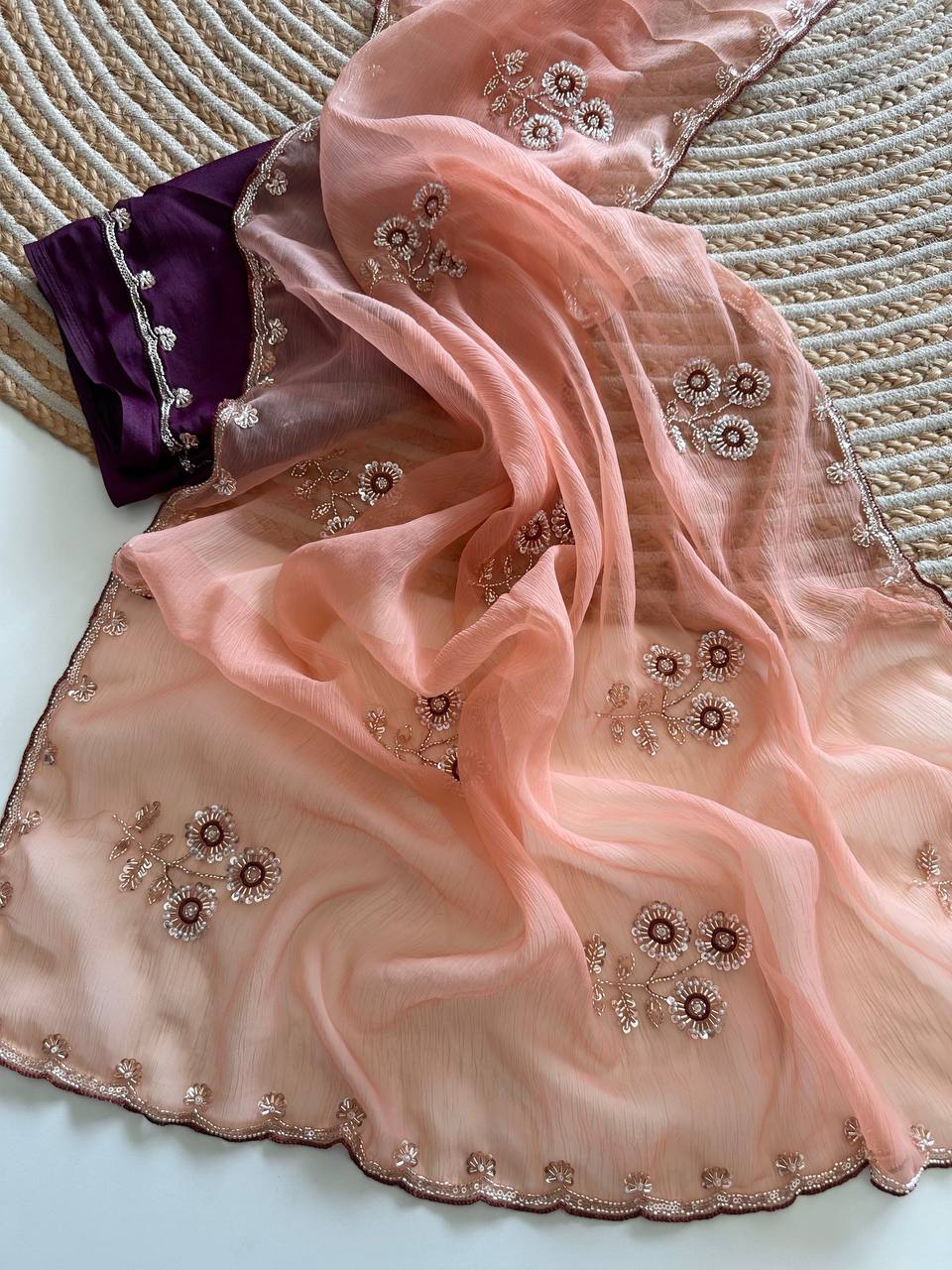 Peach Pure Soft Wari Chiffon Silk Saree with Sequence Cutdana Embroidery & Multi Border Aarco Work