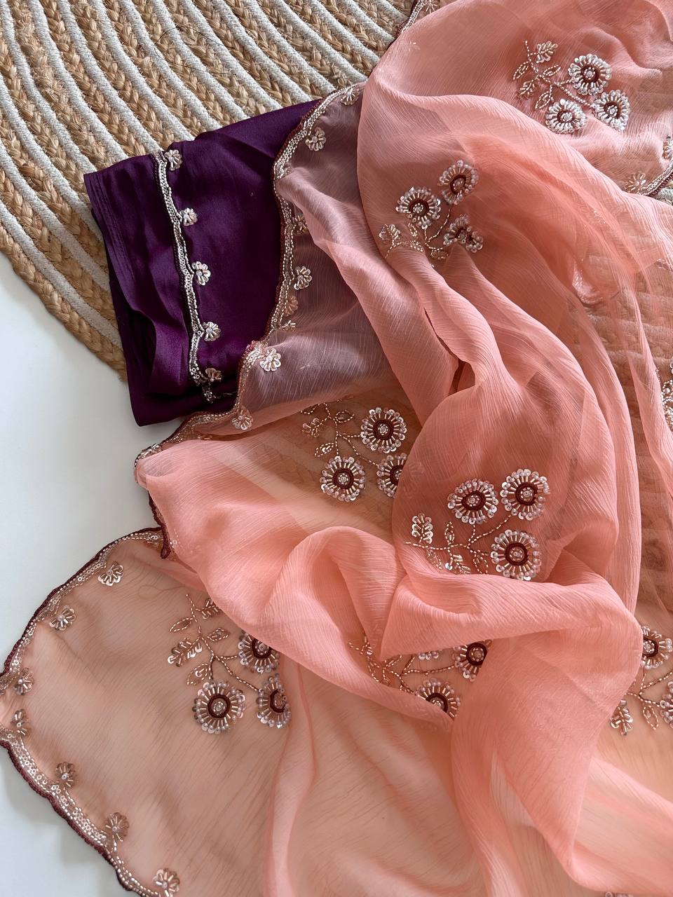 Peach Pure Soft Wari Chiffon Silk Saree with Sequence Cutdana Embroidery & Multi Border Aarco Work