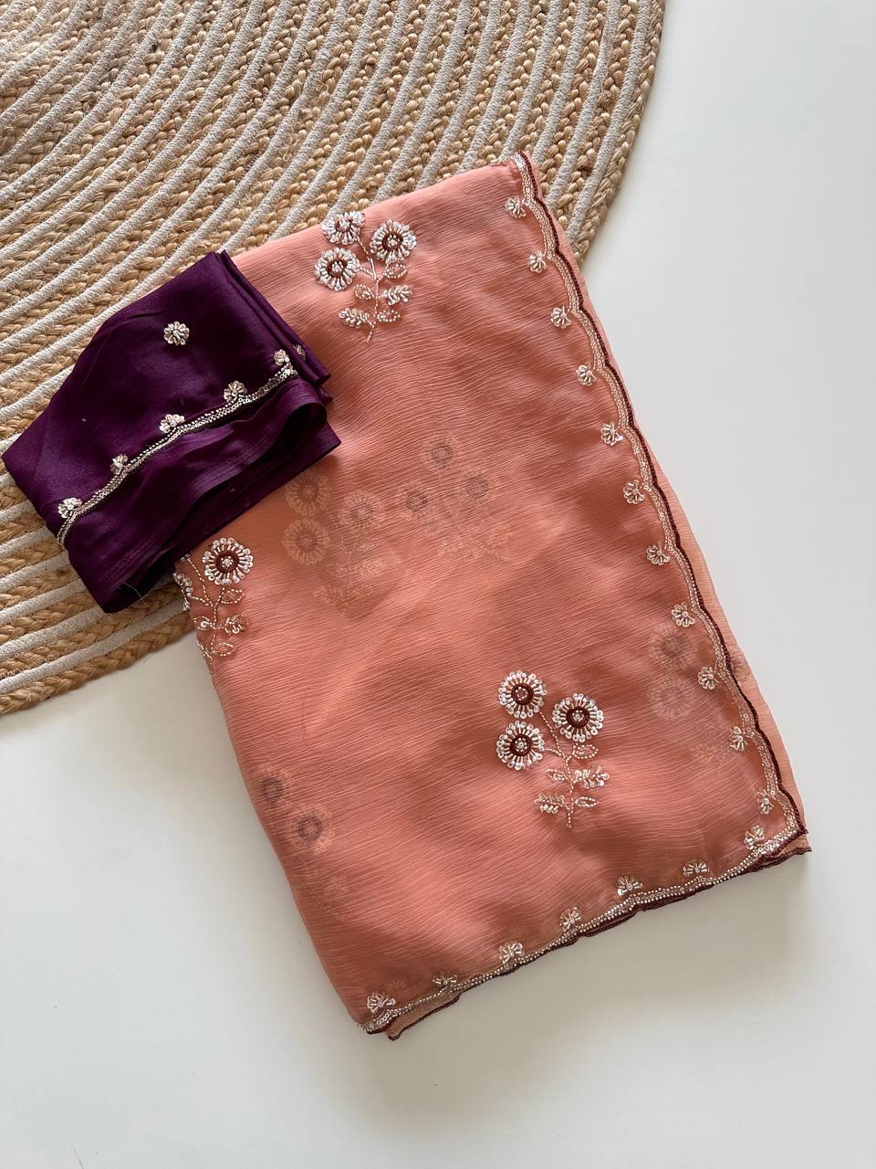 Peach Pure Soft Wari Chiffon Silk Saree with Sequence Cutdana Embroidery & Multi Border Aarco Work