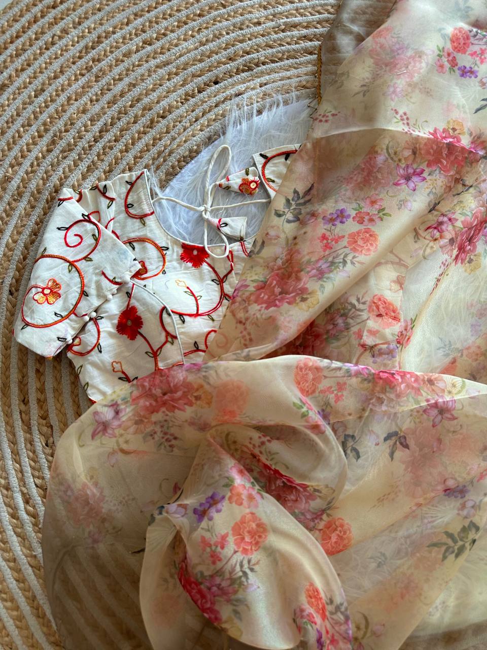 Cream Floral Sanchita Pure Organza Silk Saree with Digital Print & Golden Cutdana Moti Border