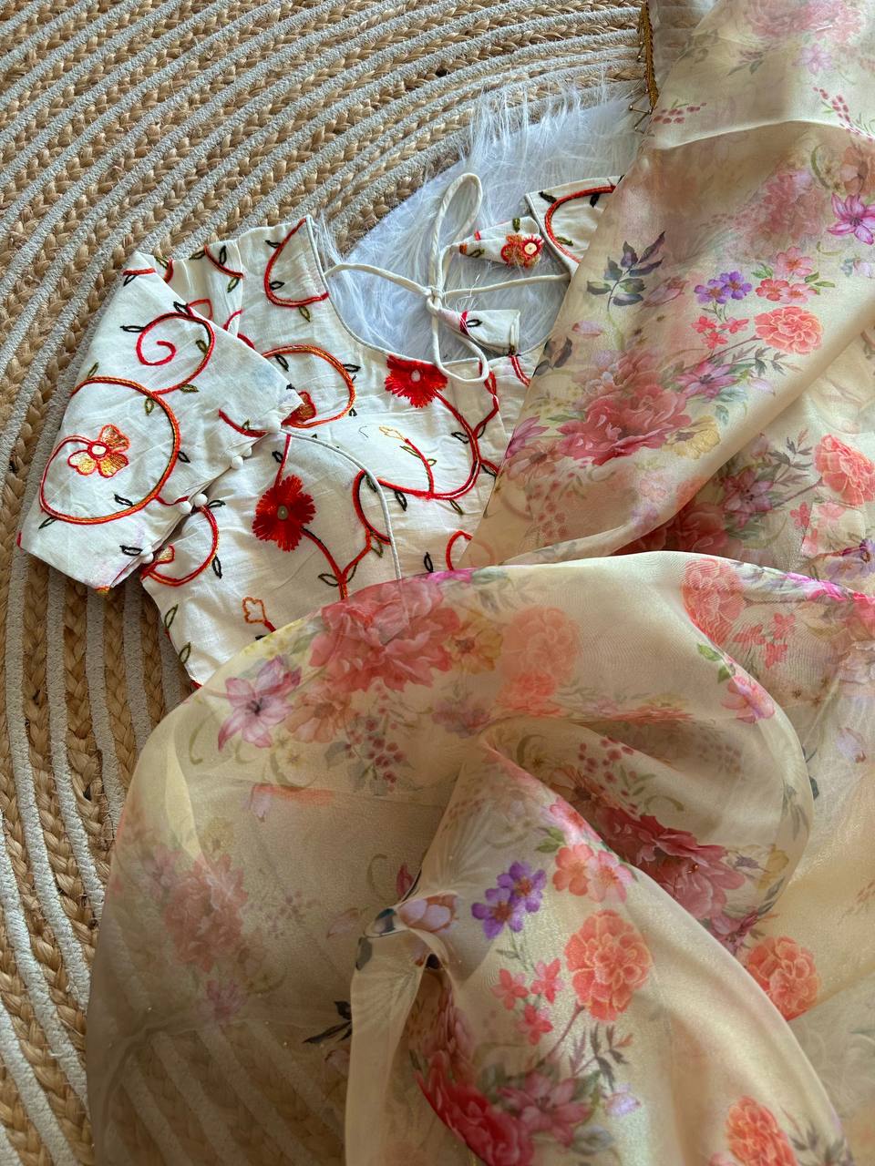 Cream Floral Sanchita Pure Organza Silk Saree with Digital Print & Golden Cutdana Moti Border