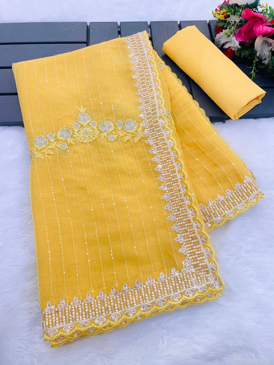 Yellow Crunchy Silk Saree - Designer Embroidered Sequins C-Pallu with Arco Cutwork Border