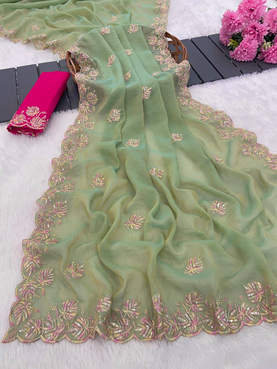 Pista Green Premium Moss Chiffon Saree with 3mm Sequence Multi Thread Work & Contrast Blouse